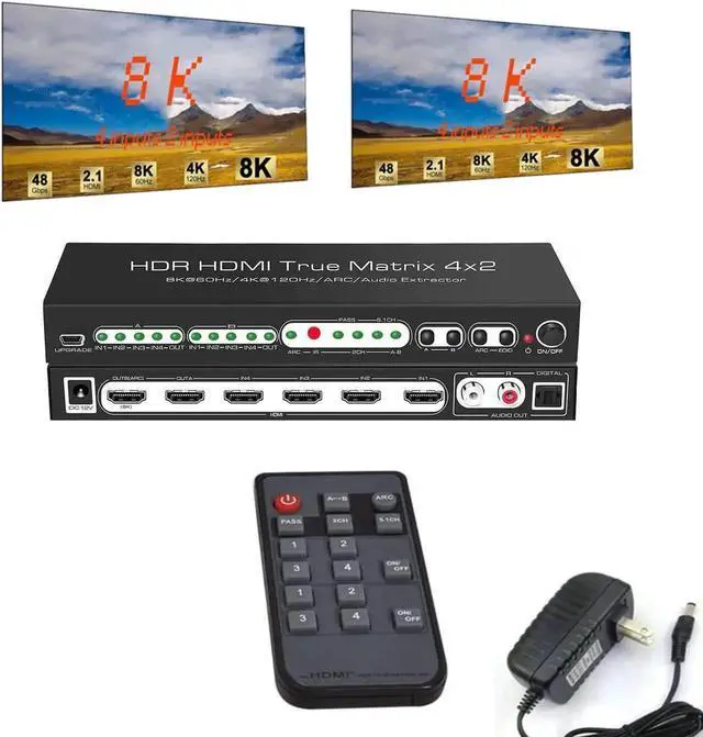 Main image of 8K @60Hz HDR UHD HDMI Matrix Switcher 4x2, Dolby Version 48Gbps CEC ARC 8K 7680x4320P HDMI Splitter Switch 4 in 2 Out, 4K @120Hz VRR HDMI Matrix Support PS5 Xbox