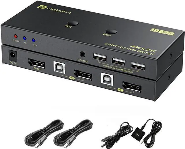 Main image of 2 Port DisplayPort KVM Switch with USB 2.0 Ports, DP 1.2 4K @60Hz Display Port KVM Switcher Box for 2 Computers Sharing 1 Monitor Keyboard Mouse Peripherals Selector Box with USB Cables