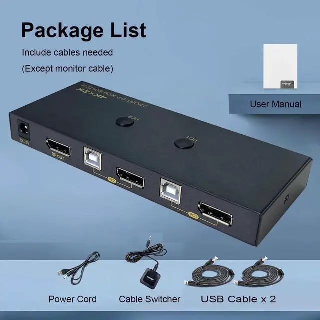 Alt view image 6 of 7 - 2 Port DisplayPort KVM Switch with USB 2.0 Ports, DP 1.2 4K @60Hz Display Port KVM Switcher Box for 2 Computers Sharing 1 Monitor Keyboard Mouse Peripherals Selector Box with USB Cables