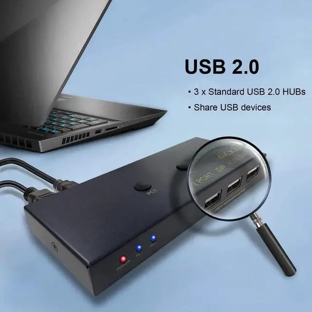 Alt view image 7 of 7 - 2 Port DisplayPort KVM Switch with USB 2.0 Ports, DP 1.2 4K @60Hz Display Port KVM Switcher Box for 2 Computers Sharing 1 Monitor Keyboard Mouse Peripherals Selector Box with USB Cables