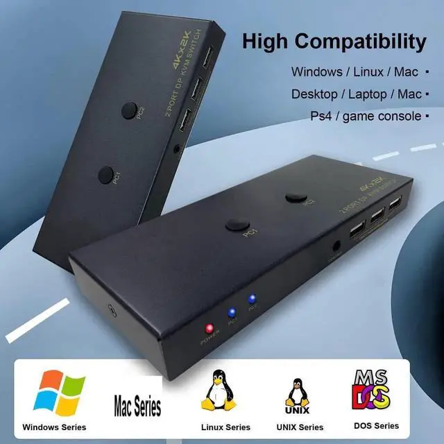 Alt view image 4 of 7 - 2 Port DisplayPort KVM Switch with USB 2.0 Ports, DP 1.2 4K @60Hz Display Port KVM Switcher Box for 2 Computers Sharing 1 Monitor Keyboard Mouse Peripherals Selector Box with USB Cables