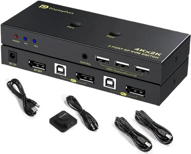 Main image of DisplayPort KVM Switch 2 Port, KVM Switch DisplayPort for 2 Computers Sharing 1 Monitor and 3 USB Devices, Support 4K @60Hz, 2K(2560X1440) @120Hz, with Extended Control Switch and 2 USB Cables