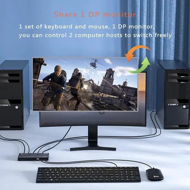 Alt view image 4 of 7 - DisplayPort KVM Switch 2 Port, KVM Switch DisplayPort for 2 Computers Sharing 1 Monitor and 3 USB Devices, Support 4K @60Hz, 2K(2560X1440) @120Hz, with Extended Control Switch and 2 USB Cables