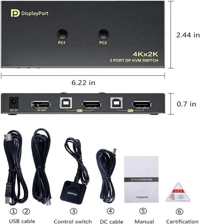 Alt view image 7 of 7 - DisplayPort KVM Switch 2 Port, KVM Switch DisplayPort for 2 Computers Sharing 1 Monitor and 3 USB Devices, Support 4K @60Hz, 2K(2560X1440) @120Hz, with Extended Control Switch and 2 USB Cables