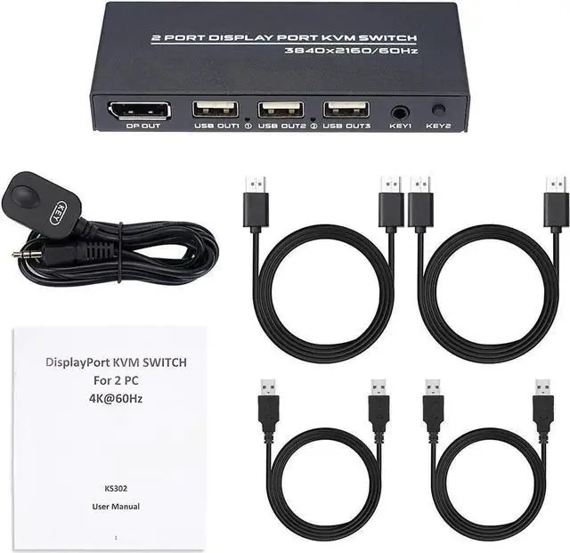 Main image of DisplayPort KVM Switch 2 Ports, USB Switch Share Monitor Keyboard and Mouse for Laptop, DP Display Port KVM Switcher Support 4K @60Hz, with 2 DisplayPort Cables and 2 USB Cables
