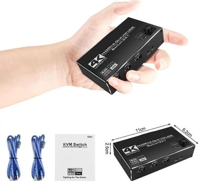 Alt view image 4 of 7 - 2 Port HDMI KVM Switch 2 in 1 Out, 4K @60Hz HDMI USB2.0 KVM Switch for 2 Computers 1 Monitor Share Keyboard Mouse Button Switch, Metal Case, Button & Hotkey Switch, With 2 USB Cables