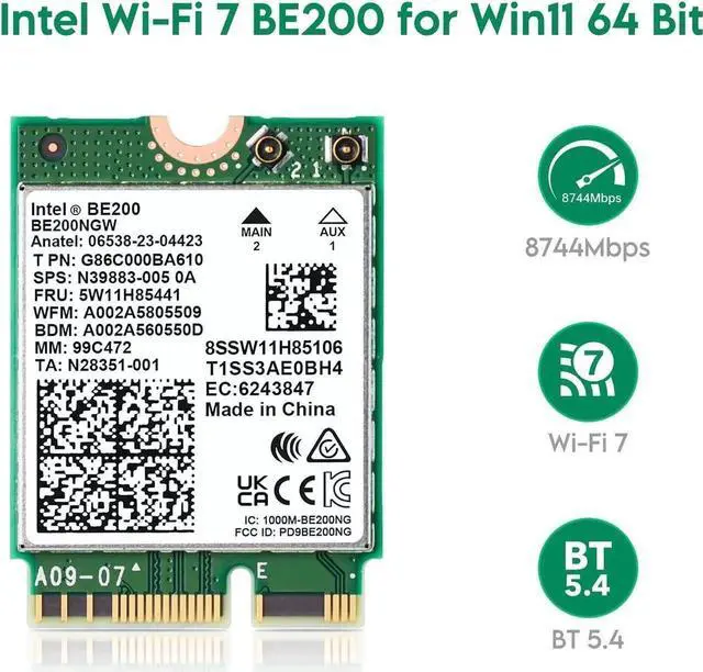Main image of Wireless WiFi Network Card, BE200 WiFi 7 Adapter, BE200NGW 8774Mbps Bluetooth 5.4 Tri-Band 802.11be NGFF M.2 Module, MU-MIMO, WPA4, Wireless Adapter for Laptop, Only Work for Windows 11 (64-bit)