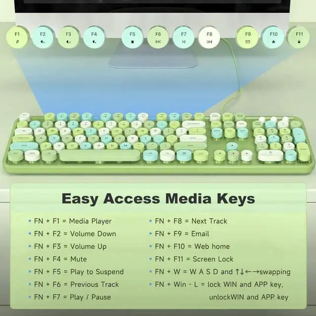 Alt view image 3 of 6 - Wired Computer Keyboard - Green Colorful Full-Size Round Keycaps Typewriter Keyboards for Windows, Laptop, PC, Desktop, Mac