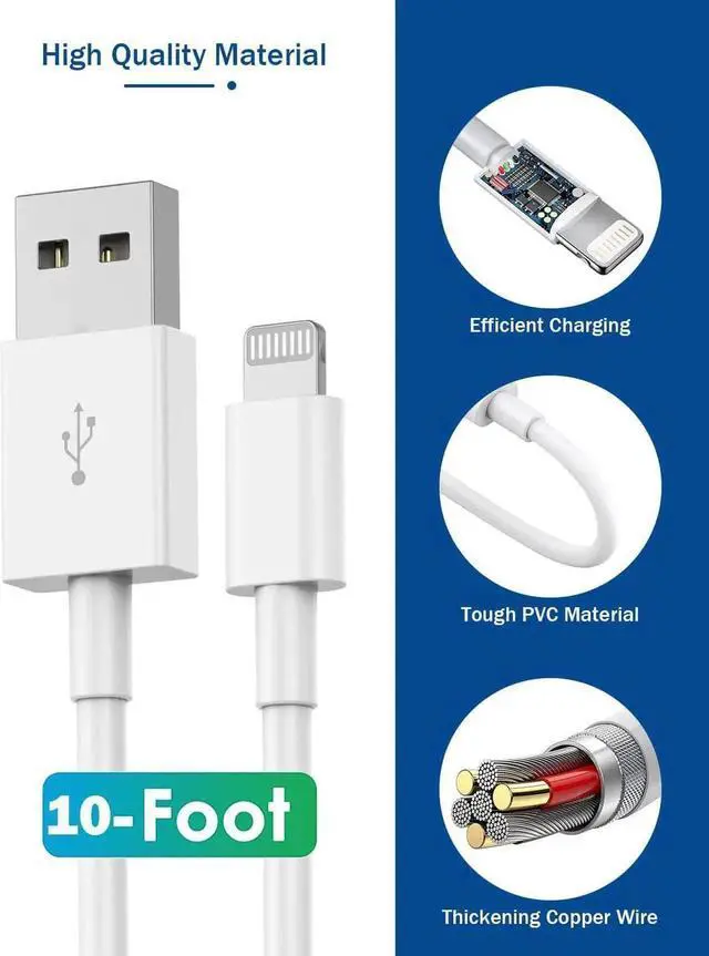 Alt view image 2 of 7 - iPhone Charger 10ft, [MFi Certified] Long Lightning Cable Data Sync Charging Cords with USB Wall Charger Travel Plug Adapter for iPhone 13 12 11 Pro Max/SE 2020/X/XR/8/7/6/iPad and More(2Pack)