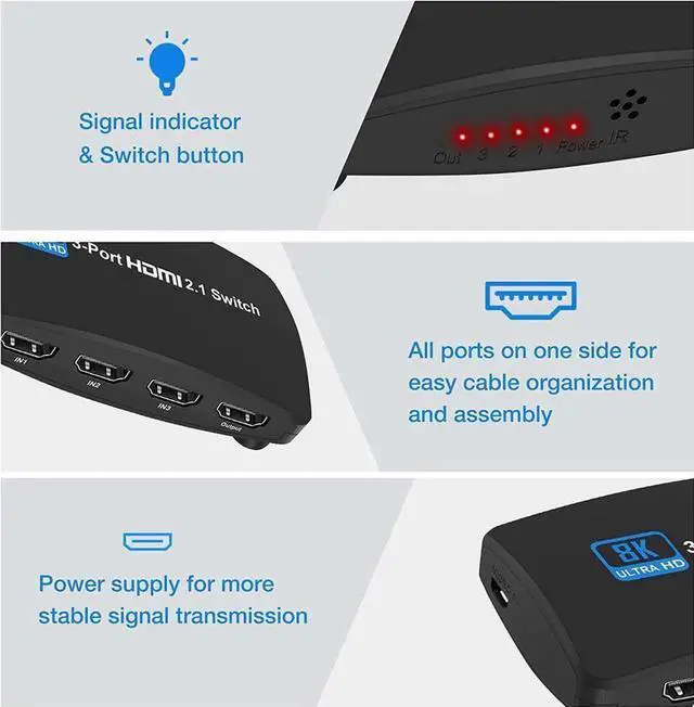 Alt view image 6 of 7 - 8K@60Hz HDMI 2.1 Switch, HDMI Switch 3 in 1 Out, 3-Port HDMI Switcher Selector, Supports 4K@120Hz, 1080P@240Hz, 1080P@120Hz for Fire Stick, HDTV, PS4/5, Game Consoles with Remote Control
