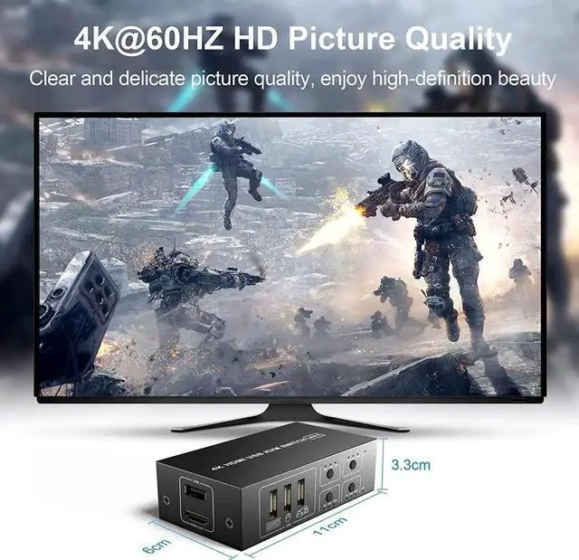 Alt view image 3 of 7 - HDMI KVM Switch 4 Port, HDMI USB Switch 4 In 1 Out KVM Switch Box 4K@60Hz for 4 PC Computers Share Monitor Keyboard And Mouse With 4 USB Cables 1 Switch Cable 1 Power Cable