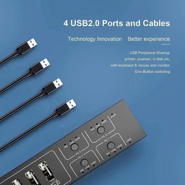 Alt view image 4 of 7 - HDMI KVM Switch 4 Port, HDMI USB Switch 4 In 1 Out KVM Switch Box 4K@60Hz for 4 PC Computers Share Monitor Keyboard And Mouse With 4 USB Cables 1 Switch Cable 1 Power Cable