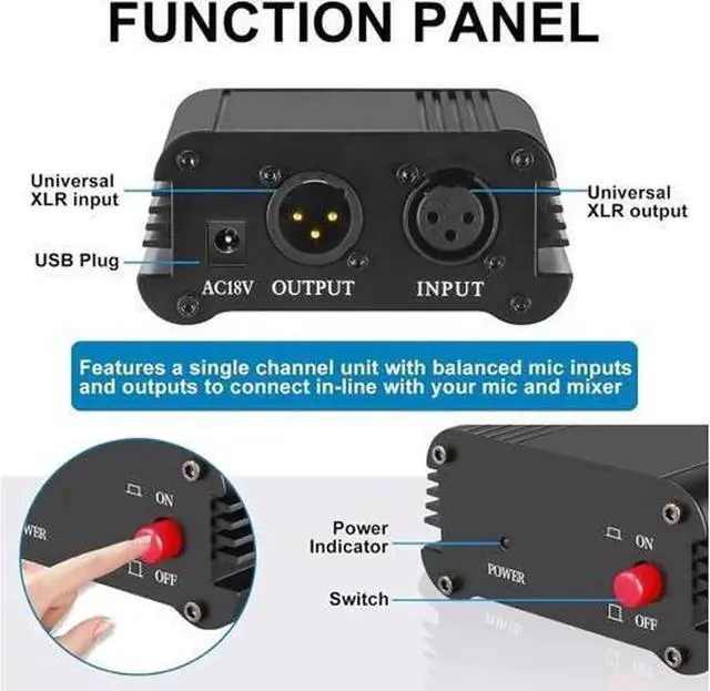 Alt view image 2 of 6 - 1Channel 48V Phantom Power Supply with Adapter BONUS+XLR 3 Pin Microphone Cable for Any Condenser Microphone Music Recording Equipment