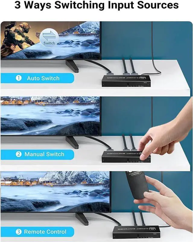 Alt view image 4 of 6 - 8K HDMI 2.1 Switch, 3X1 HDMI Switch with IR Remote Control, 4K @120hz HDMI Switcher Box 8K@60Hz/4K@30Hz, 48Gbps, Support for Nintendo Switch PS4/PS5, Xbox 360/One Fire tv Stick