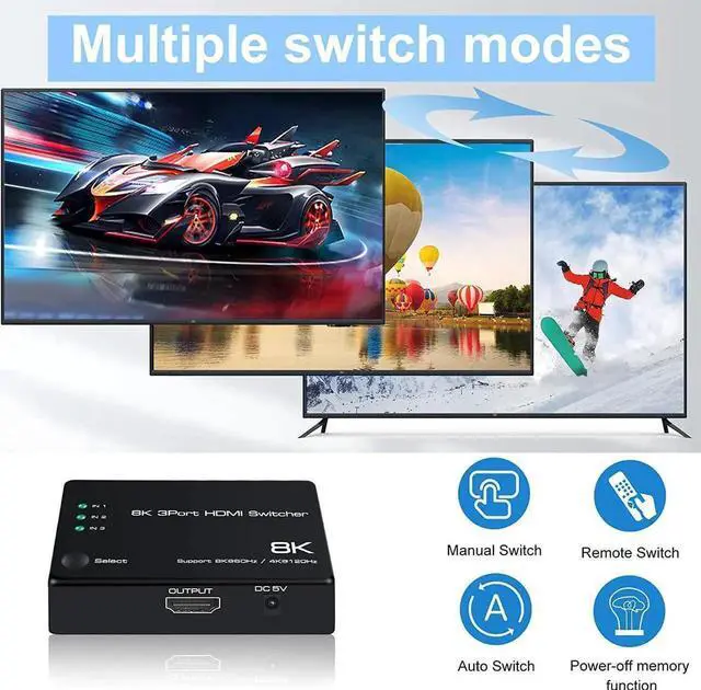 Alt view image 7 of 7 - 3 in 1 Out HDMI 2.1 Switch 8K@60Hz, 4K@120Hz HDMI Switcher 3 Port, 8K HDMI Auto Switch 3x1 Selector with IR Remote for Xbox,PS5,PS4,UHD TV, Support 48Gbps, HDCP 2.3,HDR 10+, 1080P@240Hz