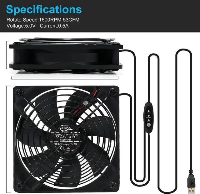 Alt view image 5 of 7 - NEW 120mm DC 5V USB Fan Mining Computer Chassis Workstation Radiator 12cm 120mmx25mm High Speed Router Server Cooling Fan SXD12025L05R