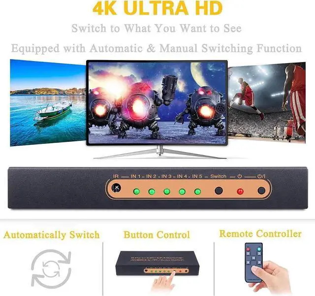 Alt view image 7 of 7 - 5 Ports HDMI Switch 4K, 5x1 HDMI Splitter Switch 5 In 1 Out HDMI Switcher with IR Remote Support 4K 60hz, 2K, 1080P, 3D, HDCP 2.2, UHD, HDR for PS 3/4, XBOX One/360, DVD Player, HDTV, Projector
