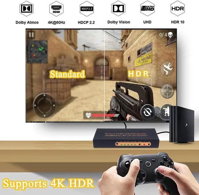 Alt view image 3 of 7 - 5 Ports HDMI Switch 4K, 5x1 HDMI Splitter Switch 5 In 1 Out HDMI Switcher with IR Remote Support 4K 60hz, 2K, 1080P, 3D, HDCP 2.2, UHD, HDR for PS 3/4, XBOX One/360, DVD Player, HDTV, Projector