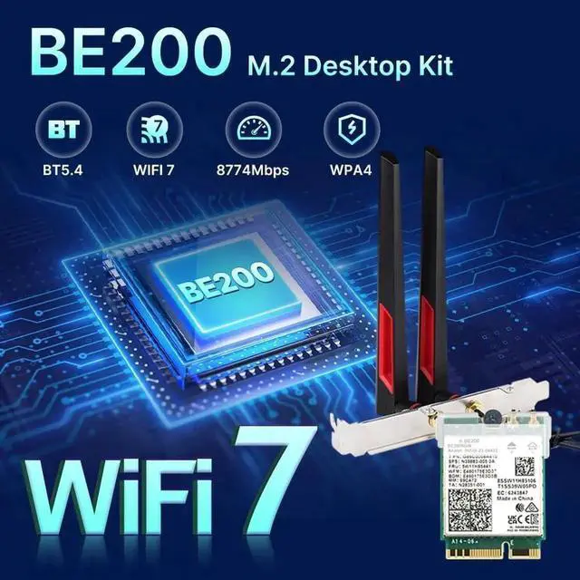 Alt view image 6 of 7 - Wireless Adapter WiFi 7 Network Card, BT5.4 BE200NGW 7th WiFi Adapter, M.2 Mini Desktop kit WiFi 7 Adapter 802.11BE Tri-Band 8774Mbps WiFi not Support AMD Motherboards for Win 10/11 10Dbi