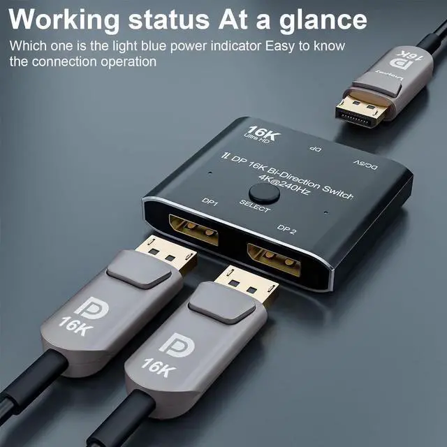Alt view image 2 of 7 - 2 Port DisplayPort Switch, 16K@60Hz DP Switch Bi-Direction 8K@120Hz 4K@240Hz Displayport Splitter Converter for Multiple Source and displays 16K DP Video Converter