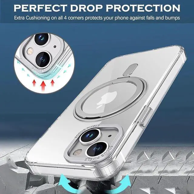 Alt view image 3 of 7 - YINLAI Case for iPhone 14/13, Magnetic Case [Compatible with Magsafe] with 360° Rotatable Ring Holder Invisible Stand Slim Transparent Men Women Shockproof Protective Phone Cover 6.1 Inch, Clear