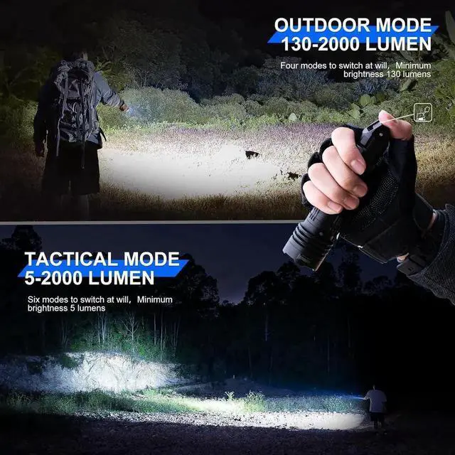 Alt view image 2 of 6 - T1 Tactical Flashlights 2000 High Lumens, Rechargeable Flashlight 498 Meters Long Beam Distance, Handheld Flash Light with Tactical Tail Button for Tactical Gear, Suvival, Emergencies, Outdoor