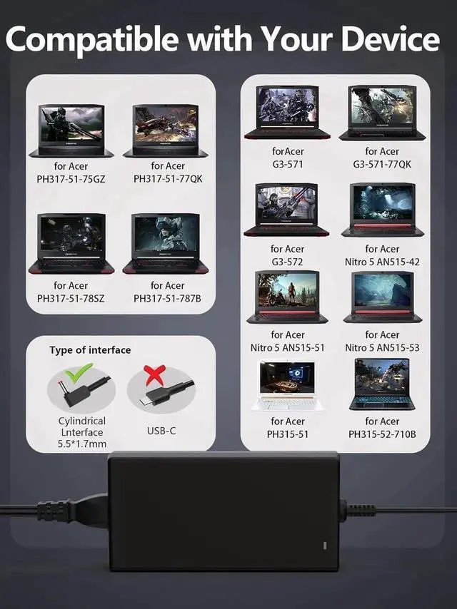 Alt view image 5 of 6 - 180W 19.5V 9.23A Charger AC Adapter for Ac-er Nitro 5 7 Acer Predator Helios 300 PH317-53-77YL PH317-54-70Z5 Acer Predator Triton 300 PT315-52-73WT PT315-52-7337 Laptop Power Adapter (5.5mm*1.7mm)