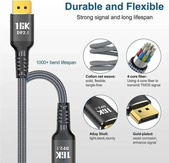 Alt view image 2 of 7 - Displayport Cable 2.1 10ft, DP 2.1 Cable Support 16K@60Hz, 8K@120Hz, 4K@240Hz 80Gbps, Backward Compatible with DP1.4/DP1.2, Displayport 2.1 Cable Compatible with Monitor, Laptop, Gaming
