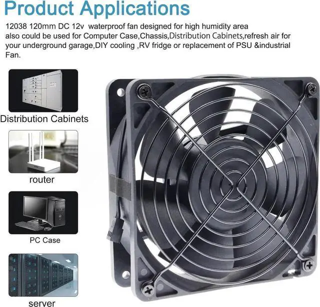 Alt view image 4 of 6 - Waterproof 120mm 12cm(120X120X38mm) Cooling Fan DC12V 3600RPM High Airflow ,SXD12038M1B Universal For Home Bathroom Grow Room Ventilation Vent