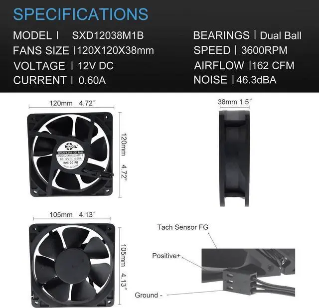 Alt view image 6 of 6 - Waterproof 120mm 12cm(120X120X38mm) Cooling Fan DC12V 3600RPM High Airflow ,SXD12038M1B Universal For Home Bathroom Grow Room Ventilation Vent