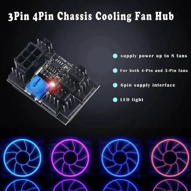 Alt view image 3 of 7 - MEIRIYFA 3 Pin 4 Pin Fan Adapter PWM PC Chassis Cooling Fan Hub 8 Way Splitter DC12V Speed Controller with 6 Pin Power Port,Chassis Fan Pressure Regulating Governor