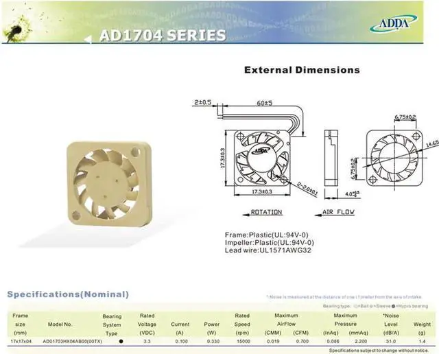 Alt view image 3 of 5 - NEW Original ADDA AD01703HX04AB00 17mm 1704 17x17x4mm 3.3V 0.10A Micro device UAV mini cooling fan