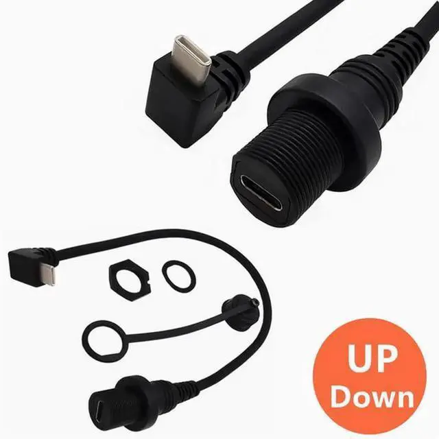 Alt view image 3 of 7 - USB2.0 waterproof cable Car yacht motorcycle instrument panel type-c extension cable Data charging adapter cable male to female bend Left+Right Angle