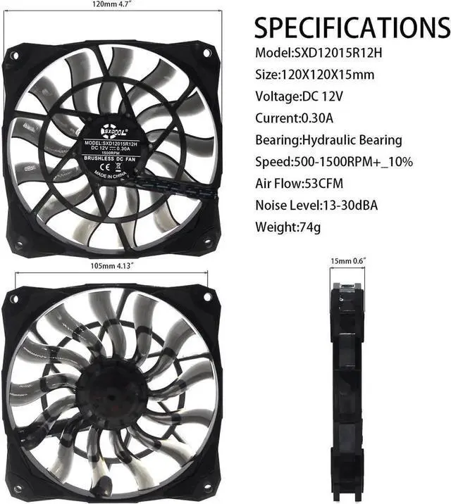 Alt view image 3 of 6 - 12015 Slim 15mm Thickness, Best for Small Case 120mm PWM Controlled Fan With De-vibration Rubber 12cm SXD12015R12H 120*15mm