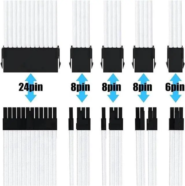 Alt view image 3 of 7 - Mod Sleeved Cable, White Power Supply Cable Extension Kit, 24PIN ATX, 4+4 PIN EPS, Dual 6+2 PIN PCIE, 6 PIN PCI-E