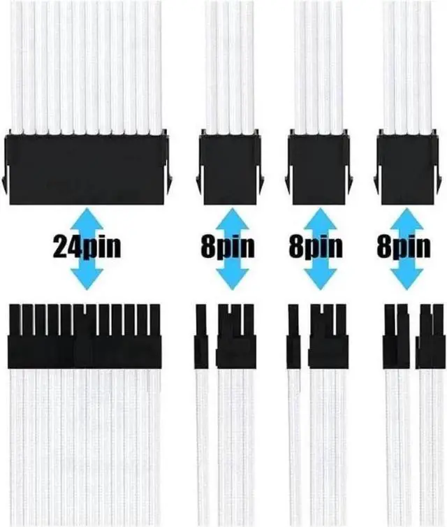 Alt view image 5 of 6 - Mod Sleeved Cable, White Power Supply Cable Extension Kit, 30CM long with cable comb ,1x24PIN ATX, 1x4+4 PIN EPS,2x Dual 6+2 PIN PCIE
