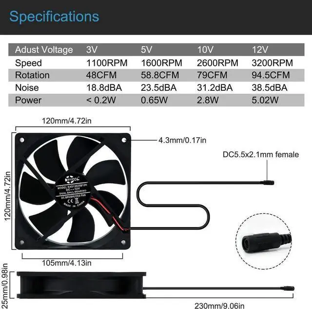 Alt view image 7 of 7 - NEW 120mm High Speed Cooling Fan 120X120X25mm AC 110V 220V to 3V - 12V 2A with Speed Controller ,for Router Grow Tent Home Plant SXDOOL SXD12025B12H Daul Ball Bearing