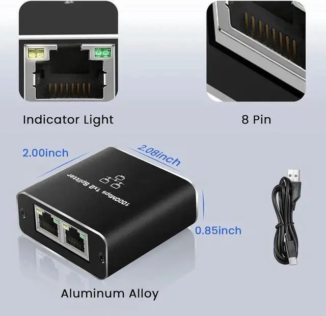 Alt view image 2 of 7 - RJ45 Ethernet Splitter 1 to 2 Out, 1000Mbps Network Splitter with USB Power Cable, Gigabit LAN Internet Splitter Connector for Cat 5/5e/6/7/8, Support Two Devices Working Simultaneously