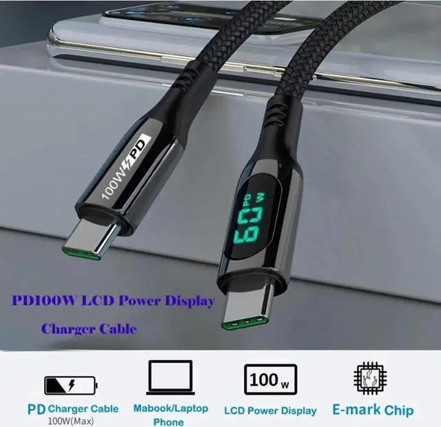 Main image of USB C Cable LED Power Display E-Marker PD 100W 5A Fast Charging 6.6ft 480Mbps Data Transmission Type C Cable for MacBook Pro Samsung Galaxy iPad and More (6.6)