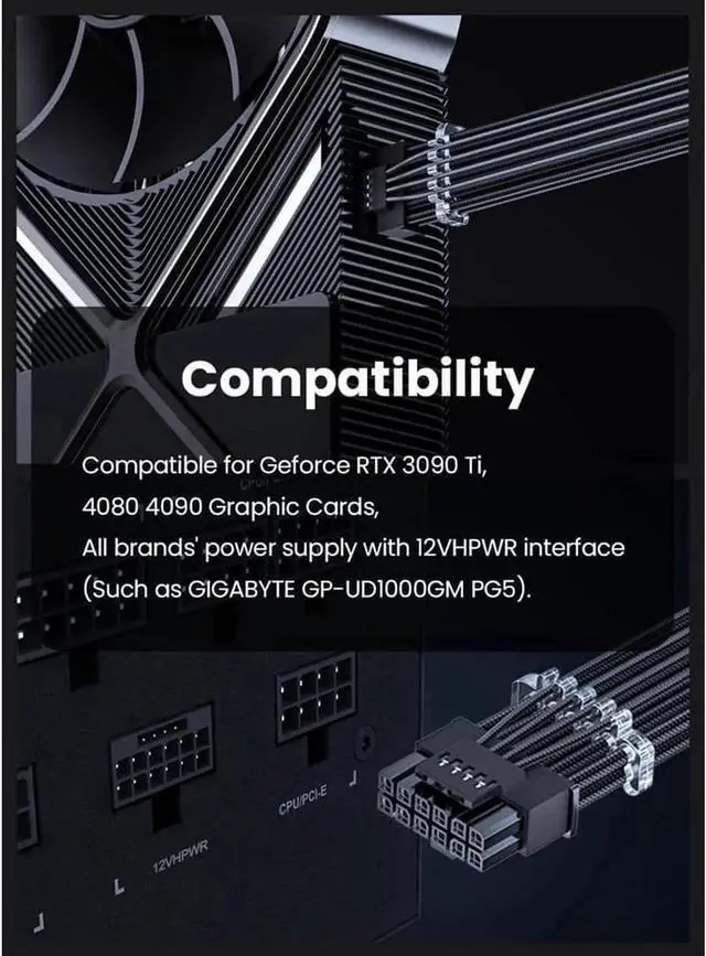 Alt view image 2 of 7 - PCI-e 5.0 GPU Power Cable - 70cm 16pin (12+4) 12VHPWR Male to Male Sleeved Cable with Combs, 600W PCIe 5 Power Cable for Geforce RTX 3090Ti 4070 Ti 4080 4090 to ATX 3.0 Modular Power Supply