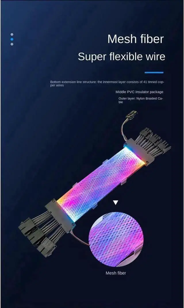 Alt view image 5 of 7 - ARGB Power Graphics Card Cable Power Extension Cable,ATX Chassis Power Connector Extension Cable,Dual Light Source 8Pin Male to Female Adapter Cable,18AWG 41 * 0.16 Tinned Wire,3*8Pin Mesh Synchronous