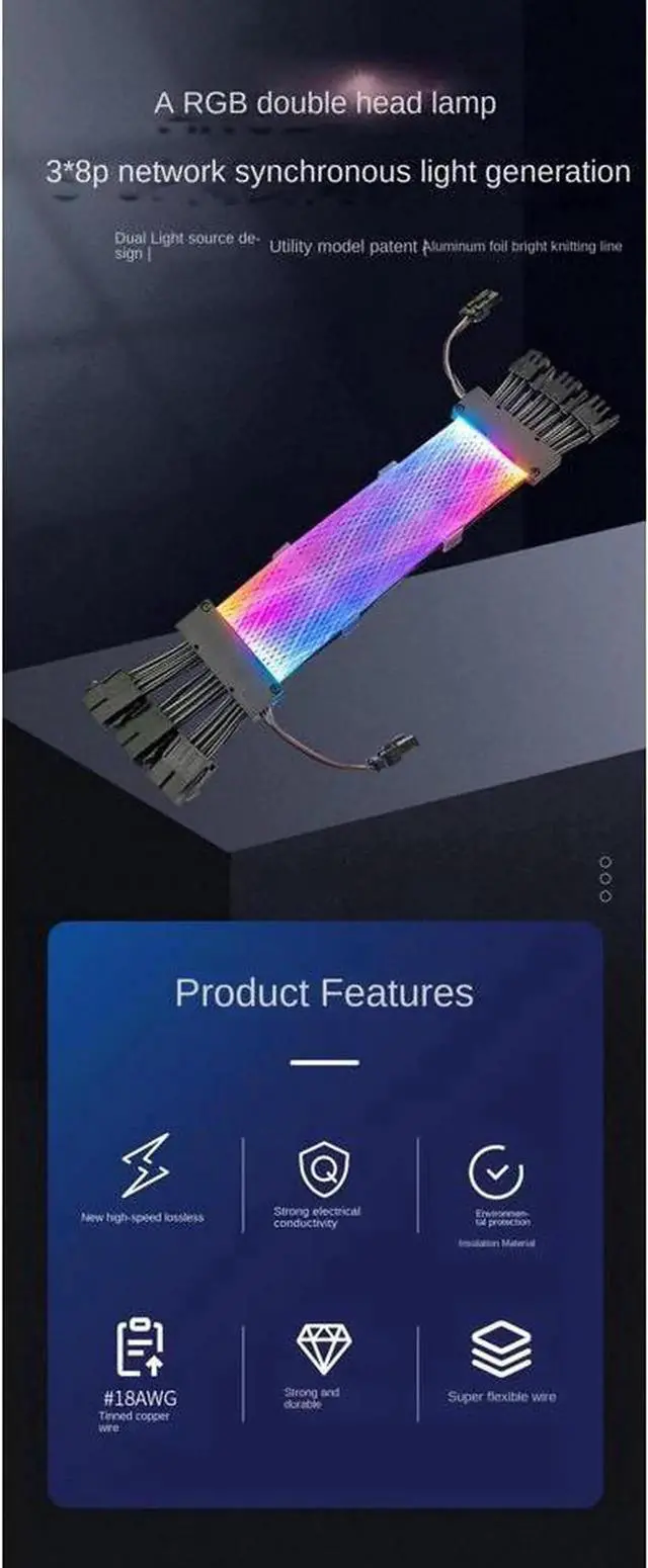 Alt view image 2 of 7 - ARGB Power Graphics Card Cable Power Extension Cable,ATX Chassis Power Connector Extension Cable,Dual Light Source 8Pin Male to Female Adapter Cable,18AWG 41 * 0.16 Tinned Wire,3*8Pin Mesh Synchronous