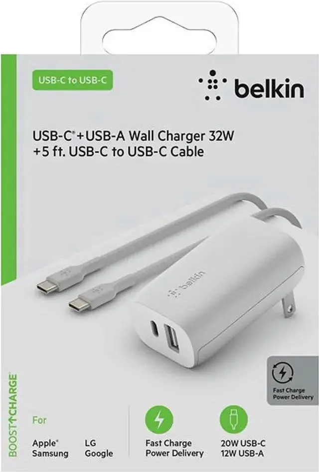 Main image of USB C Wall Charger 32W C to C Cable Included PD with 20W USB C & 12W USB A Ports for USB-C Power Delivery