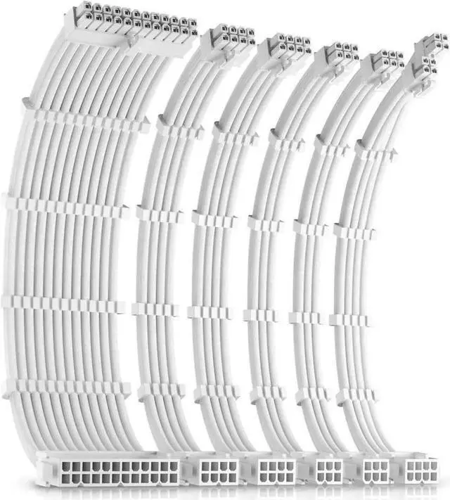 Main image of PSU Cables, Sleeved Cable Extension Kit /24pin ATX /4+4pin EPS /8-pin PCI-E /6pin PCI-E PSU Extension Cable Kit 30cm Length with Combs, White ConnectorWhite