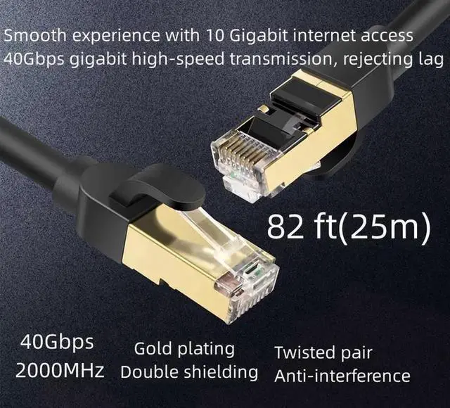 Main image of Cat 8 Ethernet Cable 82 ft. Shielded 26AWG Lastest 40Gbps 2000Mhz SFTP Patch Cord Heavy Duty High Speed Cat8 LAN Network RJ45 Cable- in Wall Outdoor Weatherproof Rated for Router Modem Gaming 82 ft.