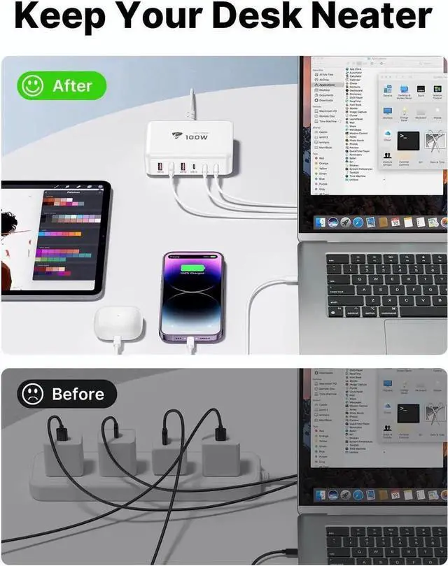 Main image of USB C Fast Charger 100W USB C Charger Block GaN 6 Port USB C Fast Charging Station Hub Block Cube PD USB C and QC USB A Wall Charger Multiple USB Charger for iPhone 15 16 Pro Max MacBook