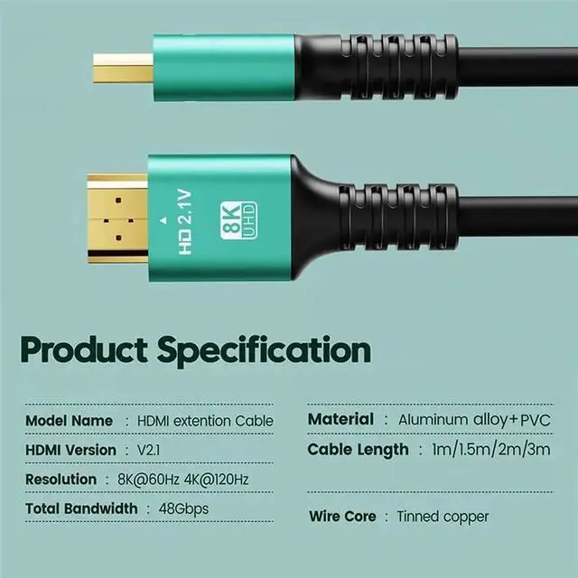 Alt view image 2 of 7 - [3.3FT 2-Pack] 8K HDMI 2.1 Cable, 48Gbps Certified High Speed HDMI Cord (8K@60Hz, 4K@120Hz) HDCP 2.2&2.3, DTS:X, eARC,HDR10, Dynamic HDR, Compatible with Laptop Monitor UHD TV PS5 PS4 Dolby -Green