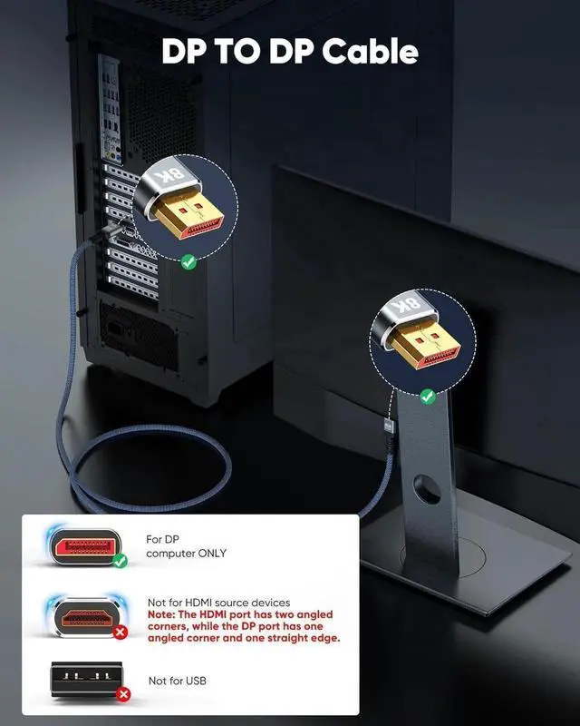 Alt view image 3 of 7 - Visit AUBEAMTO Store FOLLOWDisplayPort Cable 8K 1.4, VESA Certified 8K 4K DP Cable 3.3ft, Display Port Cable [8K@60Hz, 4K@144Hz, 2K@240Hz, 32.4Gbps], High Refresh Rate for Gaming Monitor, H