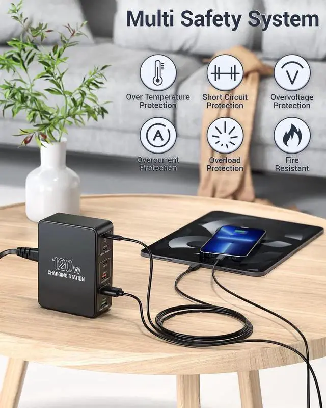 Alt view image 5 of 7 - 120W USB C Charging Station, Multiport USB Charging Station, Multi USB Charger Station, 6 Ports USB Charging Station for Multiple Devices, USB Charging Hub Compatible with MacBook, Laptop, Smartphones