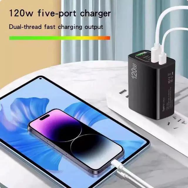 Alt view image 2 of 2 - 120W mobile phone charger for iphone15 Apple 14/16 charging head fast charging PD25W fast charging 3type-c interface 2USB Black